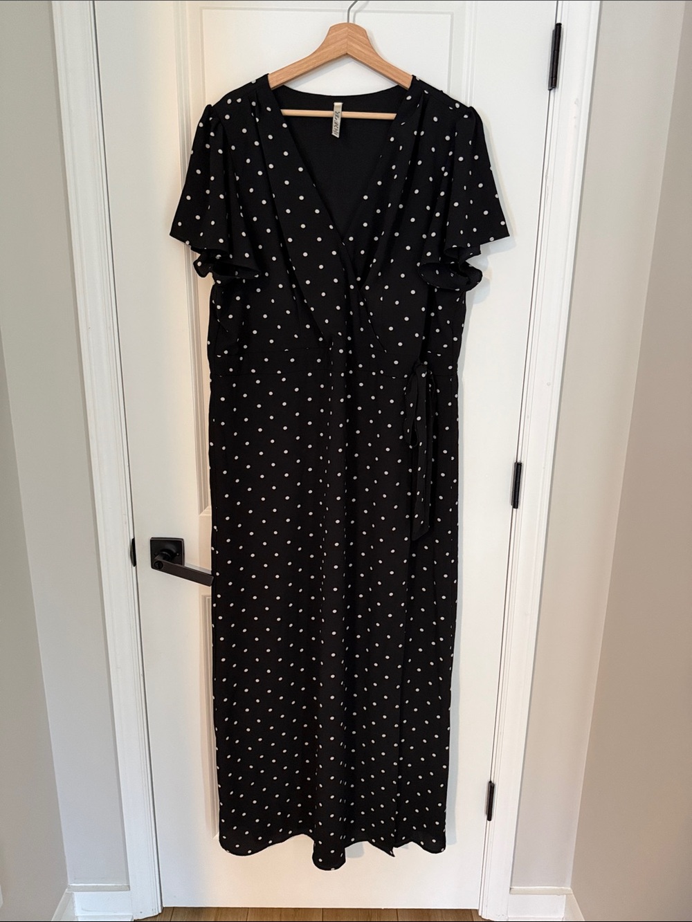 Black Polka Dot Maxi Wrap Dress with Short Flutter Sleeves